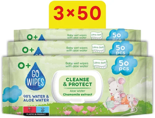 Servetele umede bebelusi - Servetele Umede pentru Copii  Cleanse & Protect  GoWipes  cu  98 % Apă  Purificata -  Aloe Vera si Musetel - 3× 50 buc - 150 buc