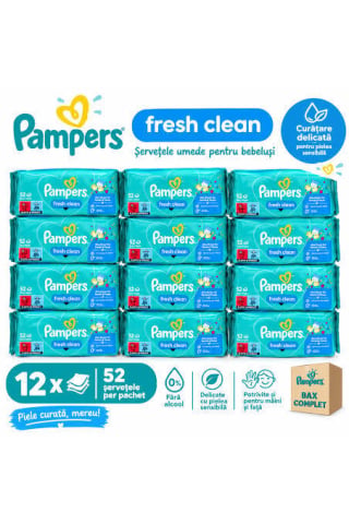 Ingrijire personala & Cosmetice - Set 12 X Pachete Servetele Umede a cate 52 bucati Pampers Fresh Clean, Capacitate de Absorbtie Ridicata