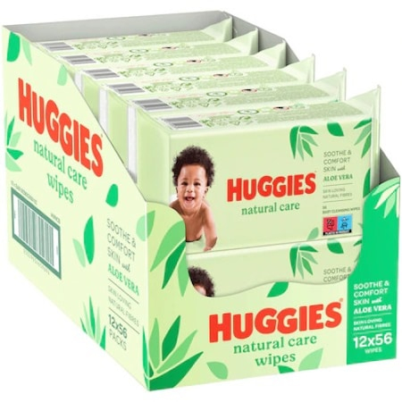 Servetele umede bebelusi - Set 12 pachete servetele umede Huggies Aloe Vera cu fibre naturale din celuloza si textura groasa, fara parfum, alcool si parabeni