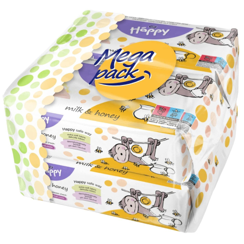 Scutece bebelusi - Set  Promo : 12 x 64 buc Servetele Umede Happy, Piele Sensibila cu Efect Antiinflamator si Lotiune Hidratanta Milk&Honey - Fara Alcool, PH Neutru, Mega Pack Economy,768 buc /Set