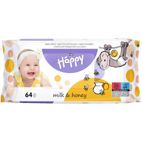 Set  Promo : 12 x 64 buc Servetele Umede Happy, Piele Sensibila cu Efect Antiinflamator si Lotiune Hidratanta Milk&Honey - Fara Alcool, PH Neutru, Mega Pack Economy,768 buc /Set [2]