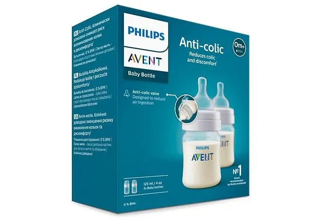 Biberoane, tetine si accesorii - Set 2 Biberoane Anti-Colici Nou Nascuti - Philips Avent , 125 ml, Tetina cu Debit 1, +0 luni, Fara BPA, Foarte Usor de Curatat