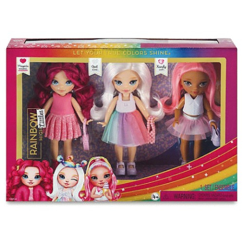 Jucarii in Reclama TV - Set 3 Păpuși Scolarite Elegante Rainbow Dash High Littles – Magenta Monroe, Opal Raine si Kandy Hart, 30 cm
