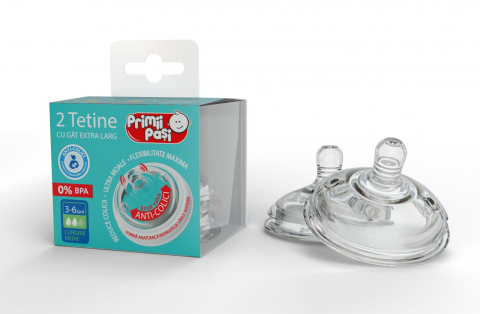 Biberoane, tetine si accesorii - Set 2x Tetine Biberon pentru Bebelusi cu Sistem Anticolici cu Gat Extralarg, Tetina Silicon ultra moale care Imită Sânul Mamei ,  2 Valve de Aerisire