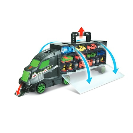 Set Camion Trailer de jucarie, tip Hot Wheels, Rampa de Lansare in Cap Tractor cu 8 masinute incluse, Multicolor [2]