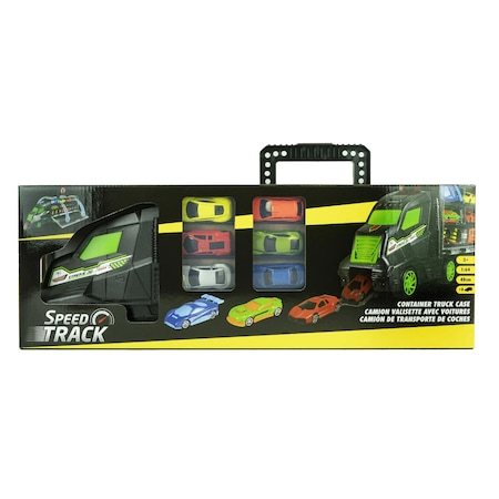 Set Camion Trailer de jucarie, tip Hot Wheels, Rampa de Lansare in Cap Tractor cu 8 masinute incluse, Multicolor [1]