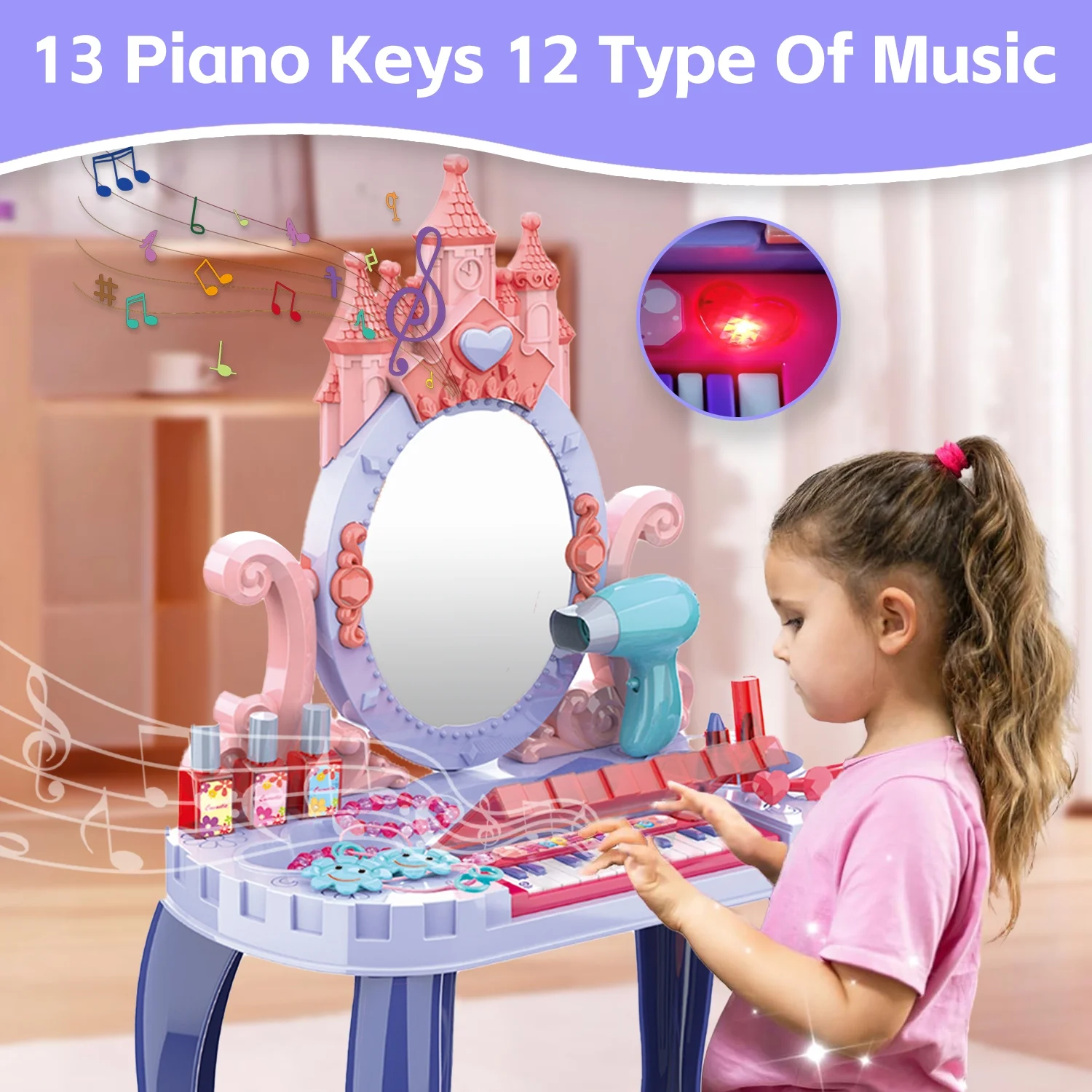 Set Complet pentru Fetite - Masa de Toaleta cu Pian pentru Printese , 29 Piese, 74x44x23 CM [1]