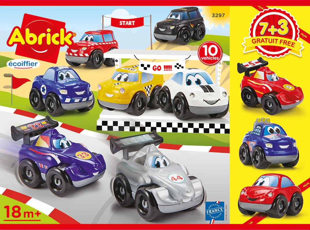 Jucarii de tras/impins - Set de Construit 10 Masinute Fast Car Écoiffier pentru Bebelusi cu Caroserii Interschimbabile intre Masinute - Made in Franta
