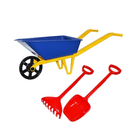 Set joaca gradinarit - Set gradinarit pentru Copii,  Roaba  de Jucarie Albastra + Set Lopata si Grebla Rosii