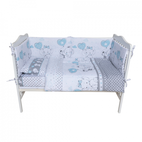 Lenjerii si huse patut - Set Lenjerie Bumbac 7 Piese pentru Saltea Bebelusi de 120 x 60 cm, Love Elephants Blue Royal Baby