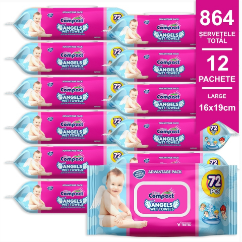 Servetele umede bebelusi - Set Mega Box Servetele Umede Fresh cu Capac -Baby  Angels  - 12 pachete x 72, 864 buc, Large 16x19cm