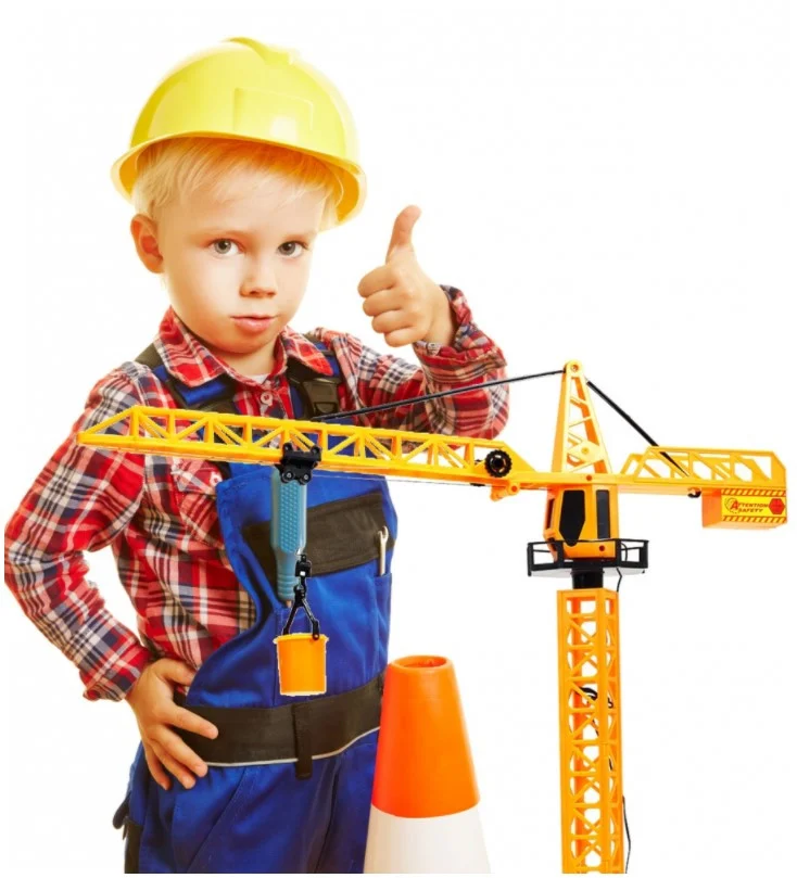 Utilaje constructie de jucarie - Set Macara de Constructii Mega Crane cu Telecomanda si Masinute + Casca de Protectie Incluse in Set , 1 Metru Inaltime