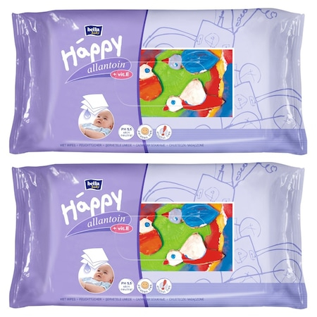 Servetele umede bebelusi - Set Servetele Umede Happy Alantoina & Vitamina E, 2 Pachete x 64 Bucati
