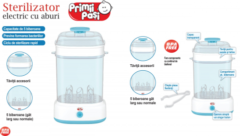 Articole hranire bebelusi - Sterilizator Electric cu Aburi 5 Biberoane,  Ciclu Rapid de Sterilizare, Compartiment pentru Accesorii, Suzete, Tetine. 3 Configuratii pentru Functia de Sterilizare