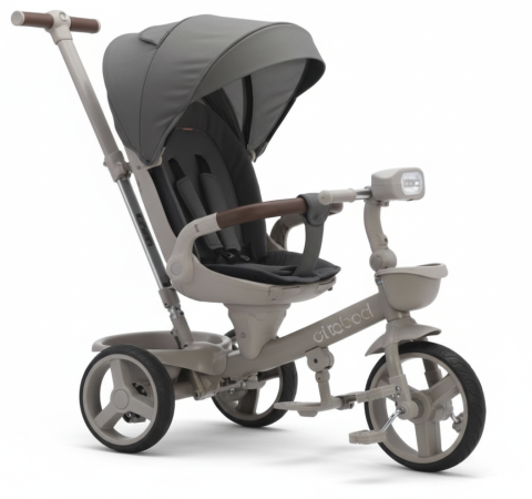 Triciclete - Tricicleta Multifunctionala cu  Pozitie de Somn , Scaun Reversibil  cu Rotatie 360 Grade, Sistem "Free Wheel"  Fusion Deluxe Trike,  Far cu Lumini si Sunete -  Gri