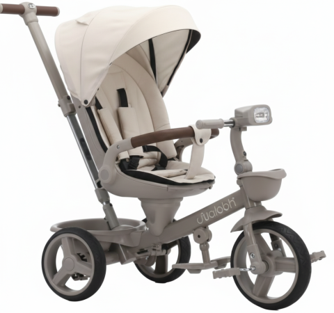 Triciclete - Tricicleta Multifunctionala cu  Pozitie de Somn , Scaun Reversibil  cu Rotatie 360 Grade, Sistem "Free Wheel"  Fusion Deluxe Trike,  Far cu Lumini si Sunete - Crem