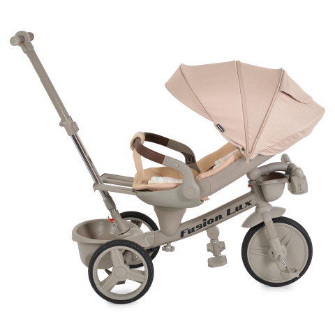 Triciclete - Tricicleta Pliabila Multifunctionala cu Pozitie de Somn, Scaun Reglabil si Reversibil cu Rotatie 360 Grade, Sistem "Free Wheel" Fusion Deluxe Trike, Far cu Lumini si Sunete - BEIGE