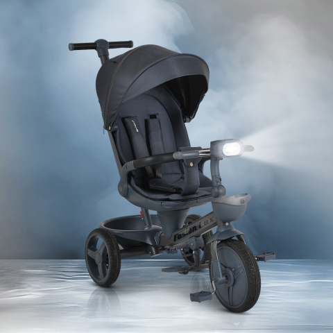 Tricicleta Pliabila Multifunctionala cu Pozitie de Somn, Scaun Reglabil si Reversibil cu Rotatie 360 Grade, Sistem "Free Wheel" Fusion Deluxe Trike, Far cu Lumini si Sunete - GRI INCHIS [1]