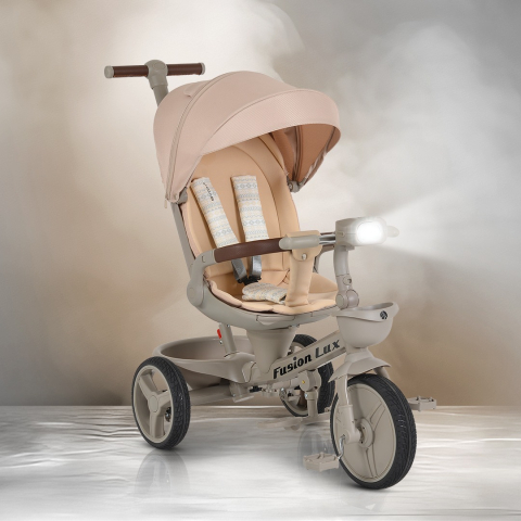 Tricicleta Pliabila Multifunctionala cu Pozitie de Somn, Scaun Reglabil si Reversibil cu Rotatie 360 Grade, Sistem "Free Wheel" Fusion Deluxe Trike, Far cu Lumini si Sunete - BEIGE [1]