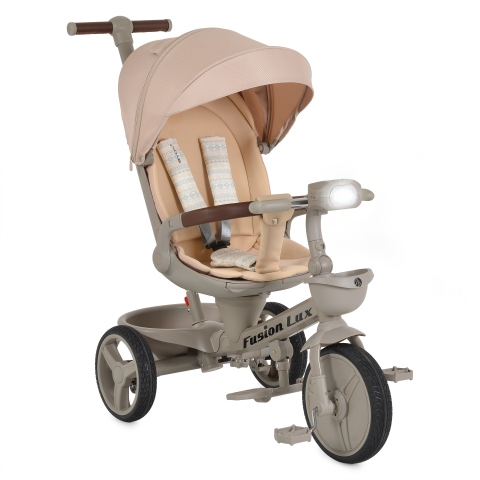 Tricicleta Pliabila Multifunctionala cu Pozitie de Somn, Scaun Reglabil si Reversibil cu Rotatie 360 Grade, Sistem "Free Wheel" Fusion Deluxe Trike, Far cu Lumini si Sunete - BEIGE [10]