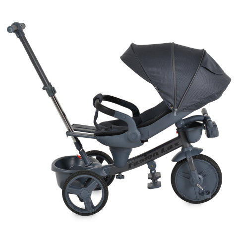 Triciclete - Tricicleta Pliabila Multifunctionala cu Pozitie de Somn, Scaun Reglabil si Reversibil cu Rotatie 360 Grade, Sistem "Free Wheel" Fusion Deluxe Trike, Far cu Lumini si Sunete - GRI INCHIS