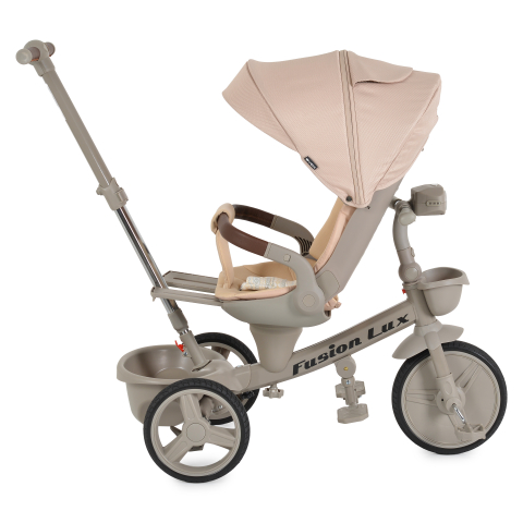 Tricicleta Pliabila Multifunctionala cu Pozitie de Somn, Scaun Reglabil si Reversibil cu Rotatie 360 Grade, Sistem "Free Wheel" Fusion Deluxe Trike, Far cu Lumini si Sunete - BEIGE [7]