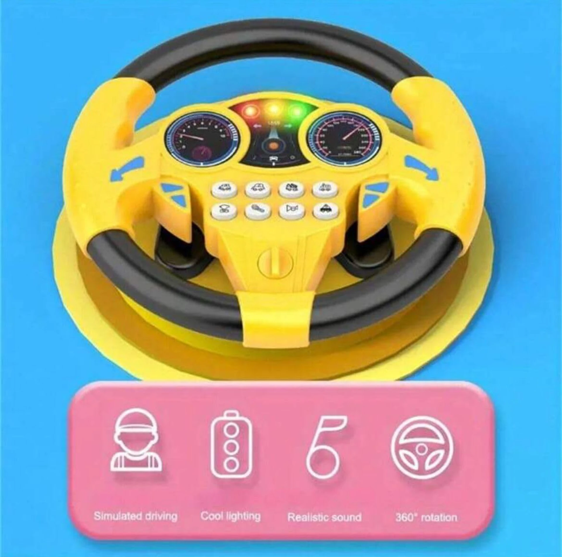 Volan Simulator de Condus pentru Copii , Interactiv cu Suport  Ventuze,  Joc  Educativ si Durabil ,  Sunete si Lumini, Rotire 360 Grade, Albastru  cu Galben [5]