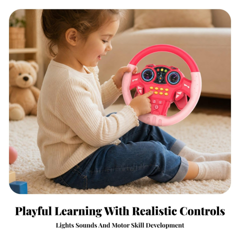 Volan Simulator de Condus pentru Fetite, Interactiv cu Suport Ventuze, Joc Educativ si Durabil , Sunete si Lumini, Rotire 360 Grade - Roz [9]