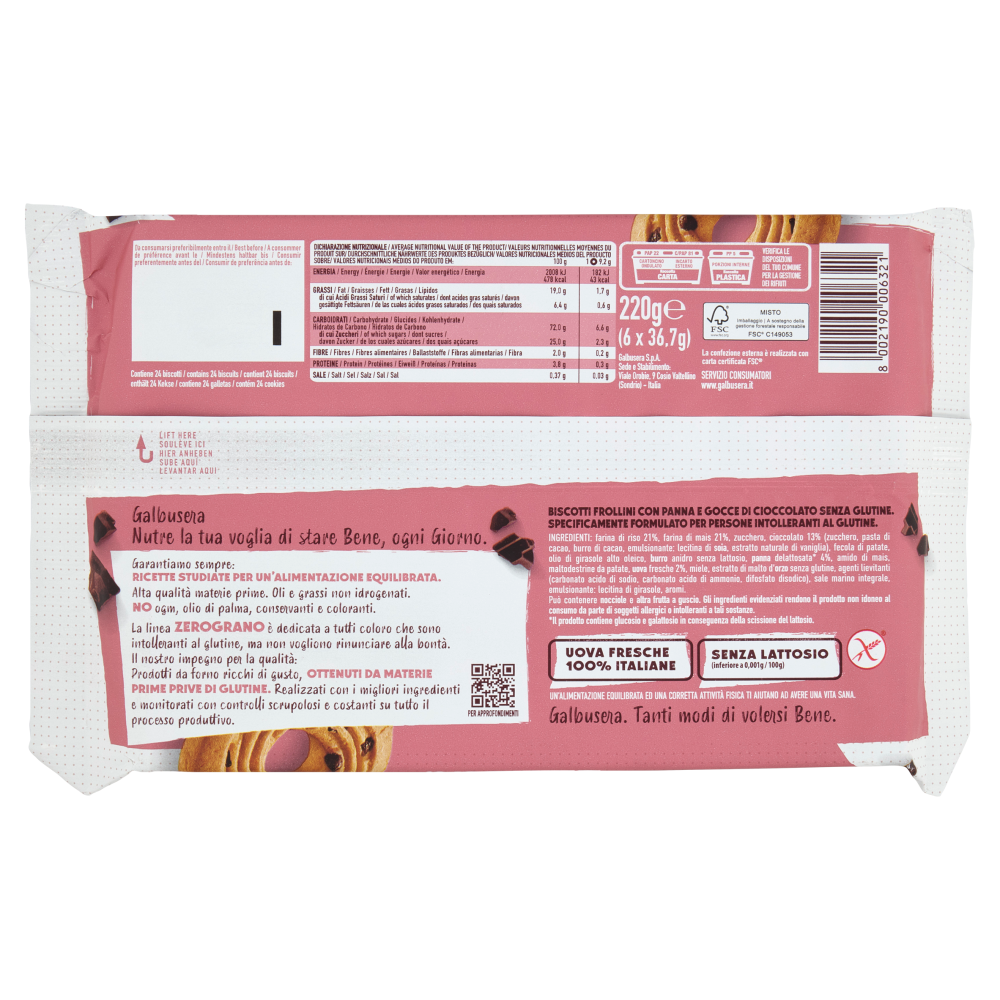 BISCUITI GALBUSERA ZEROGRANO PANNA E GOCCE DI CIOCCOLATO 220G [2]