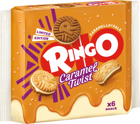 BISCUITI PAVESI RINGO CARAMEL TWIST 165G