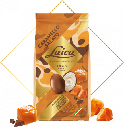 Ciocolata italiana - LAICA OVETTI DI CIOCCOLATO AL LATTE  CON CREMA AL GUSTO CARAMELLO SALATO120G