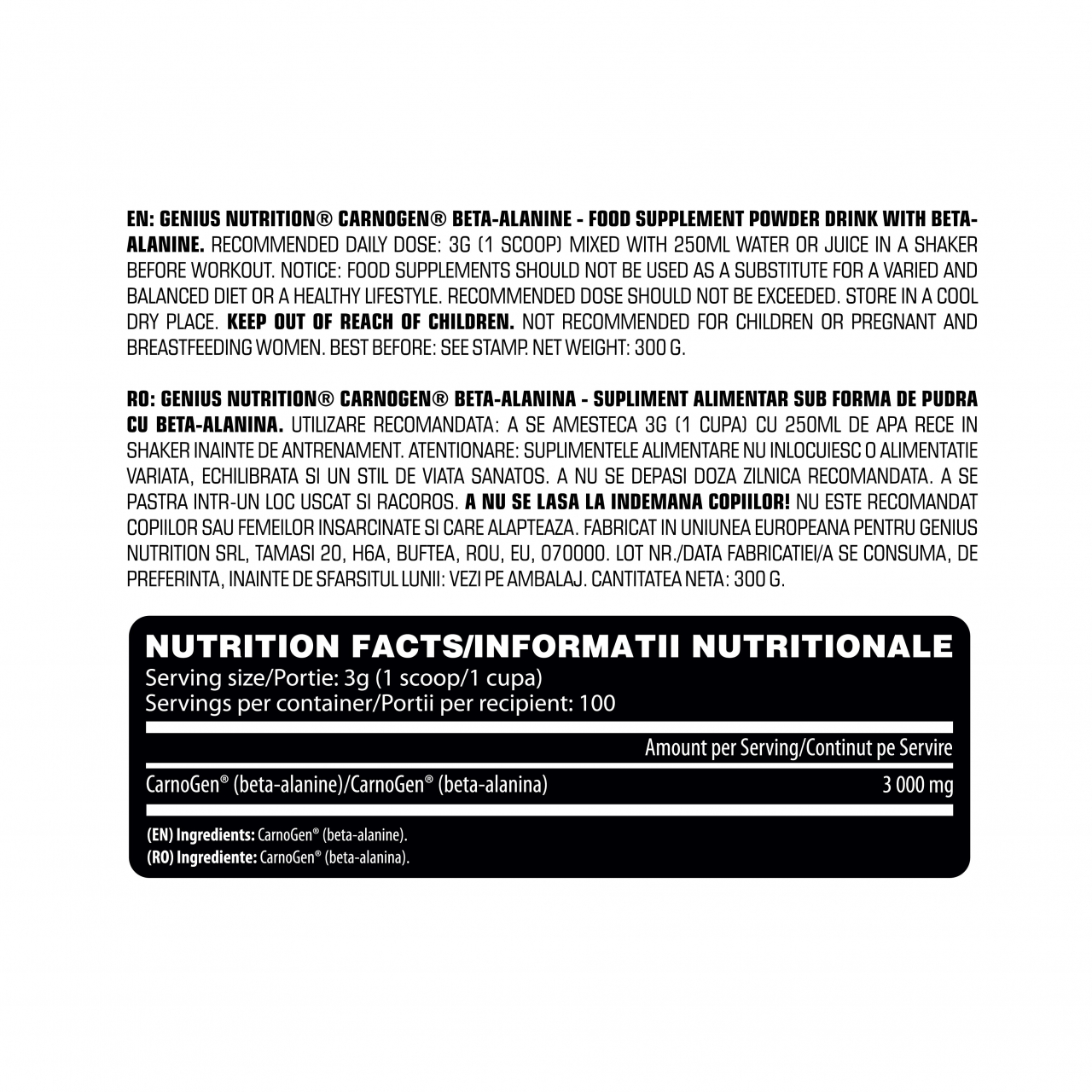 Beta Alanina, Genius Nutrition, Carnogen, 300 de grame, pudra [2]