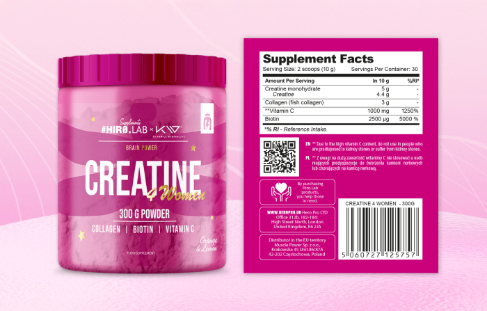 Creatina+Colagen, Hiro.Lab, Creatine 4 Women, 30 de portii, 300 de grame, pudra [2]