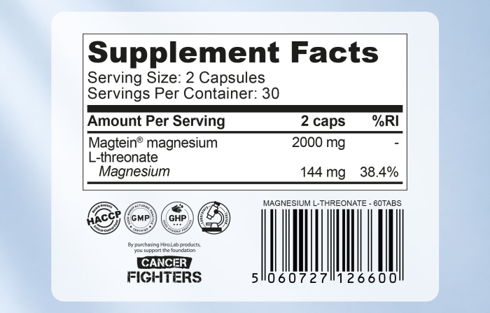 Magneziu Treonat, Hiro.Lab, Magtein® Magnesium L-Threonate, 30 de portii, 60 de tablete [2]