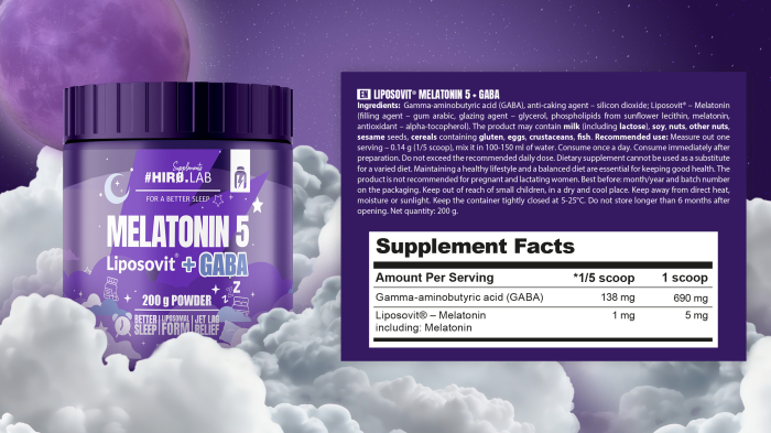 Optimizator somn, Hiro.Lab, Melatonin 5 Liposovit + GABA, 200 de grame, pudra [2]