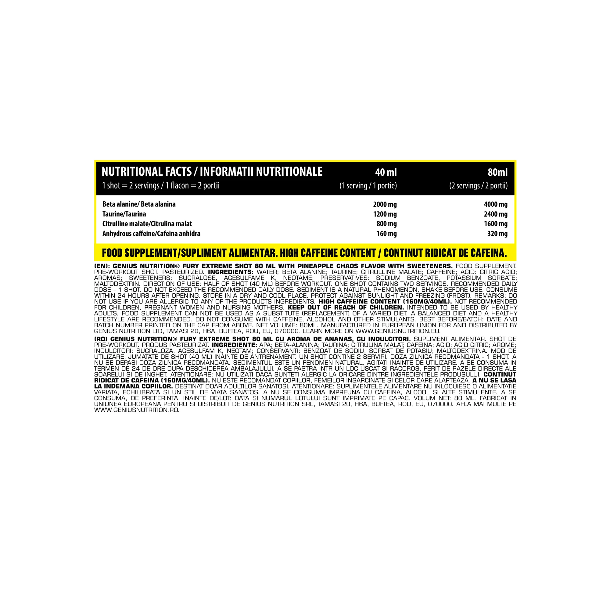 Pre-workout cu cofeina, Genius Nutrition, Fury Extreme, Shot de 80ml [2]