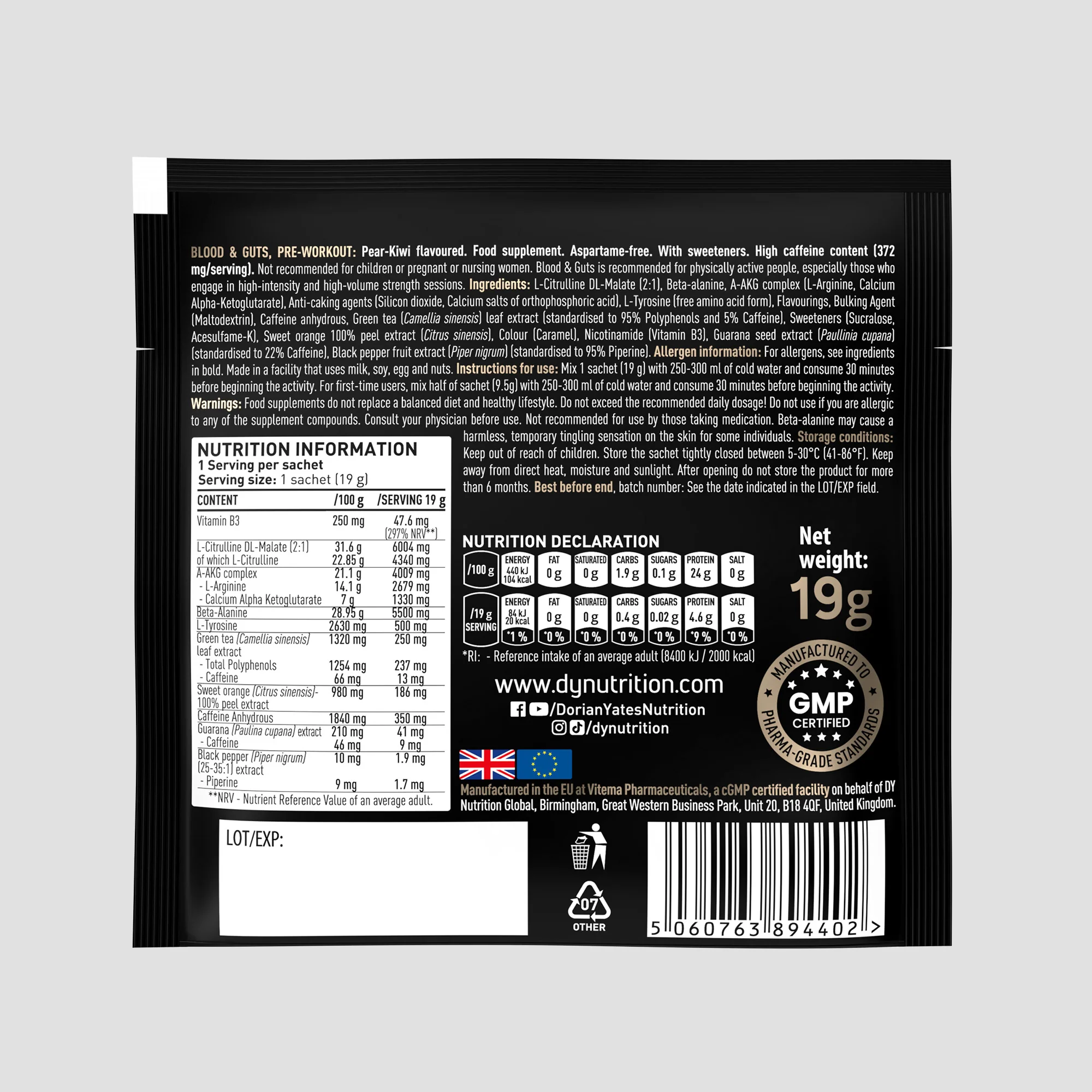 Pre-workout, DY Nutrition, Blood & Guts, O portie de 19 grame la plic [2]