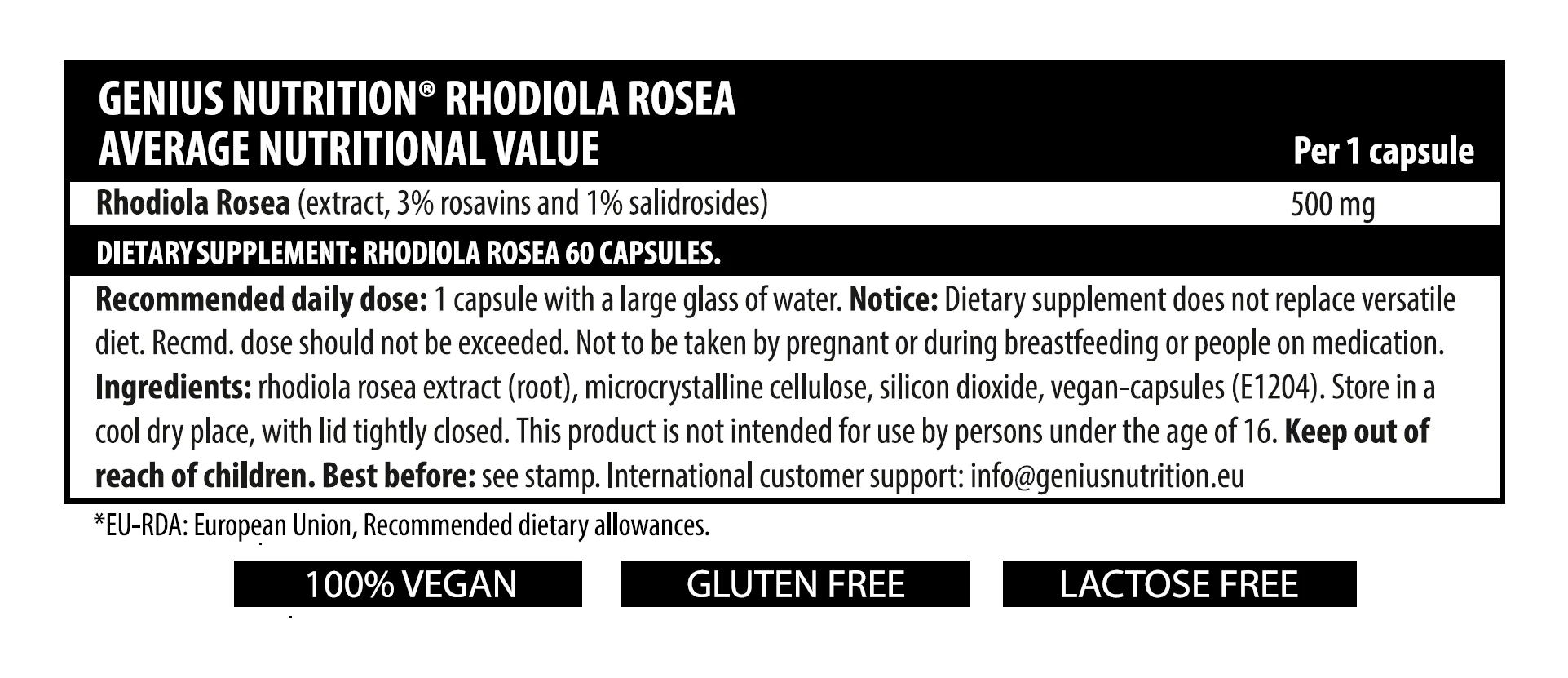 Rhodiola Rosea, Genius Nutrition, 500mg, 60 de capsule [2]