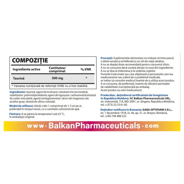 Taurina, Balkan Pharmaceuticals, Taurine BP, 500mg, 60 de comprimate [3]