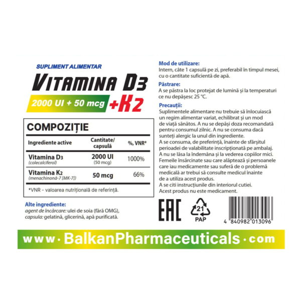Vitamina D3 + K2, Balkan Pharmaceuticals, 2000 UI + 50 mcg, 30 de capsule [2]