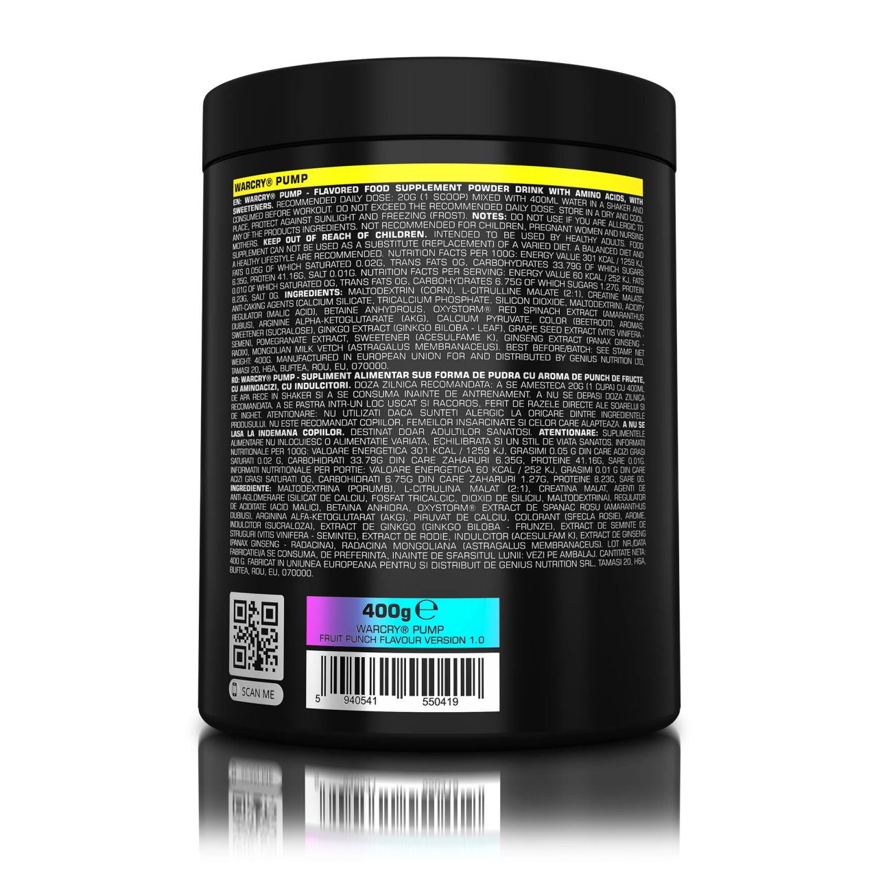Pre-workout fara cofeina, Genius Nutrition, Warcry Pump, 400 de grame, pudra [2]