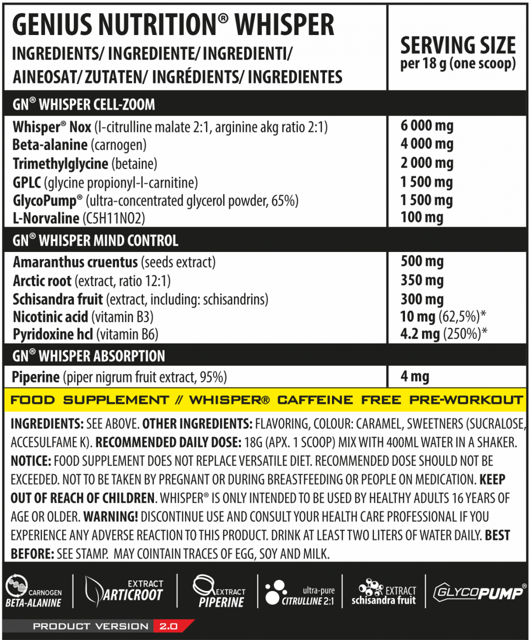 Pre-workout fara cofeina, Genius Nutrition, Whisper, 400 de grame, pudra [2]