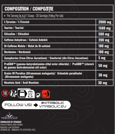 Pre-workout + arzator de grasimi, Vitabolic, Power-cuts, 195 de grame, pudra [1]