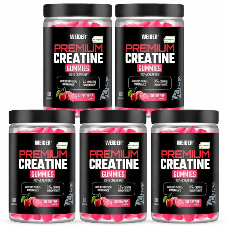 Creatina - 5x Creatina monohidrata, Weider, Premium Creapure Creatine Gummies, Cherry Pop, 60 de jeleuri