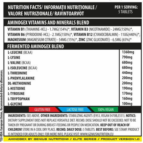 Aminoacizi esentiali, Genius Nutrition, AminoGex, 300 de tablete [1]