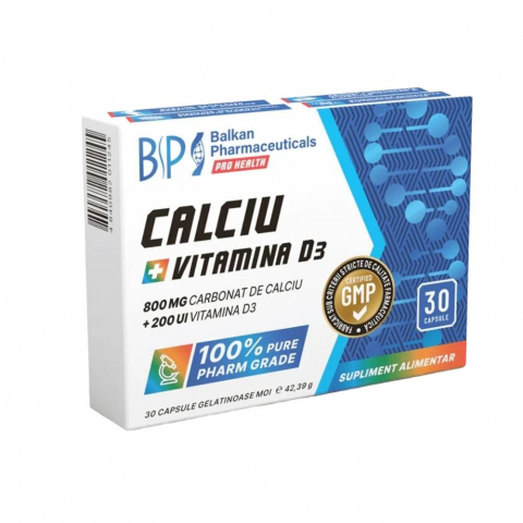 Suplimente pentru articulatii - Calciu + Vitamina D3, Balkan Pharmaceuticals, 800mg + 200UI, 30 de capsule moi