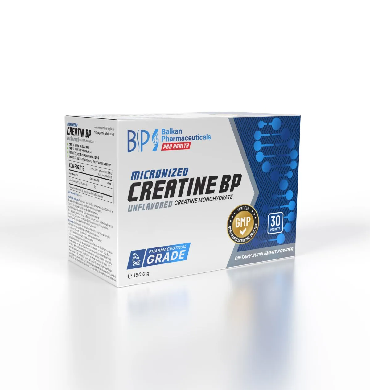 Creatina - Creatina monohidrata, Balkan Pharmaceuticals, Micronized Creatine BP Creapure®, 30 de pachete a cate 5 grame de pudra