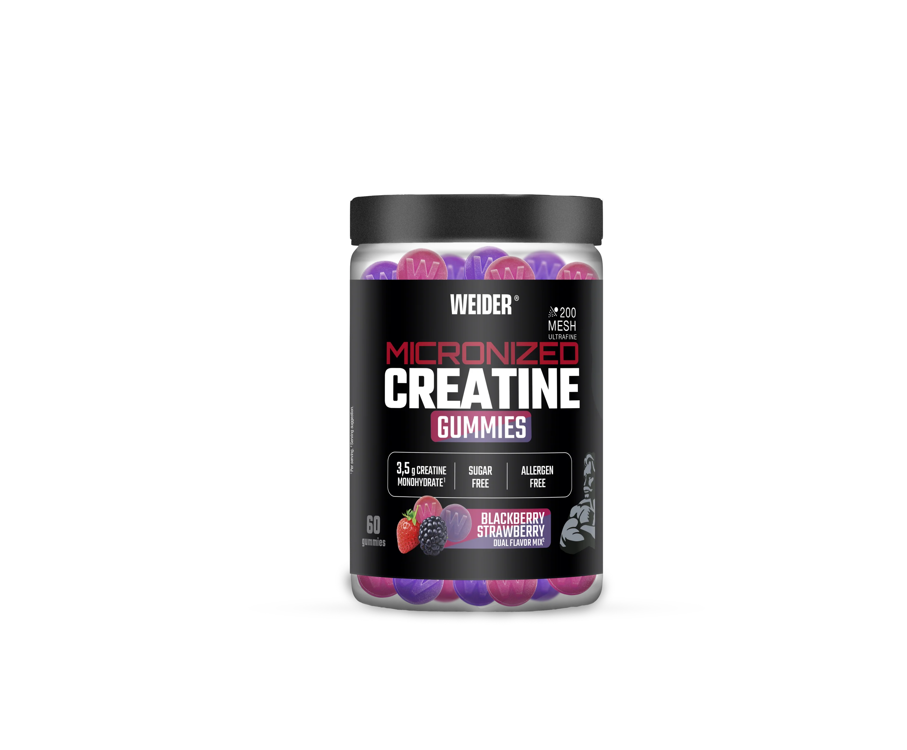 Monohidrata - Creatina monohidrata cu ZERO zahar jeleuri, Weider, Micronized 200 Mesh Creatine Gummies, Blackberry Strawberry, 60 de jeleuri