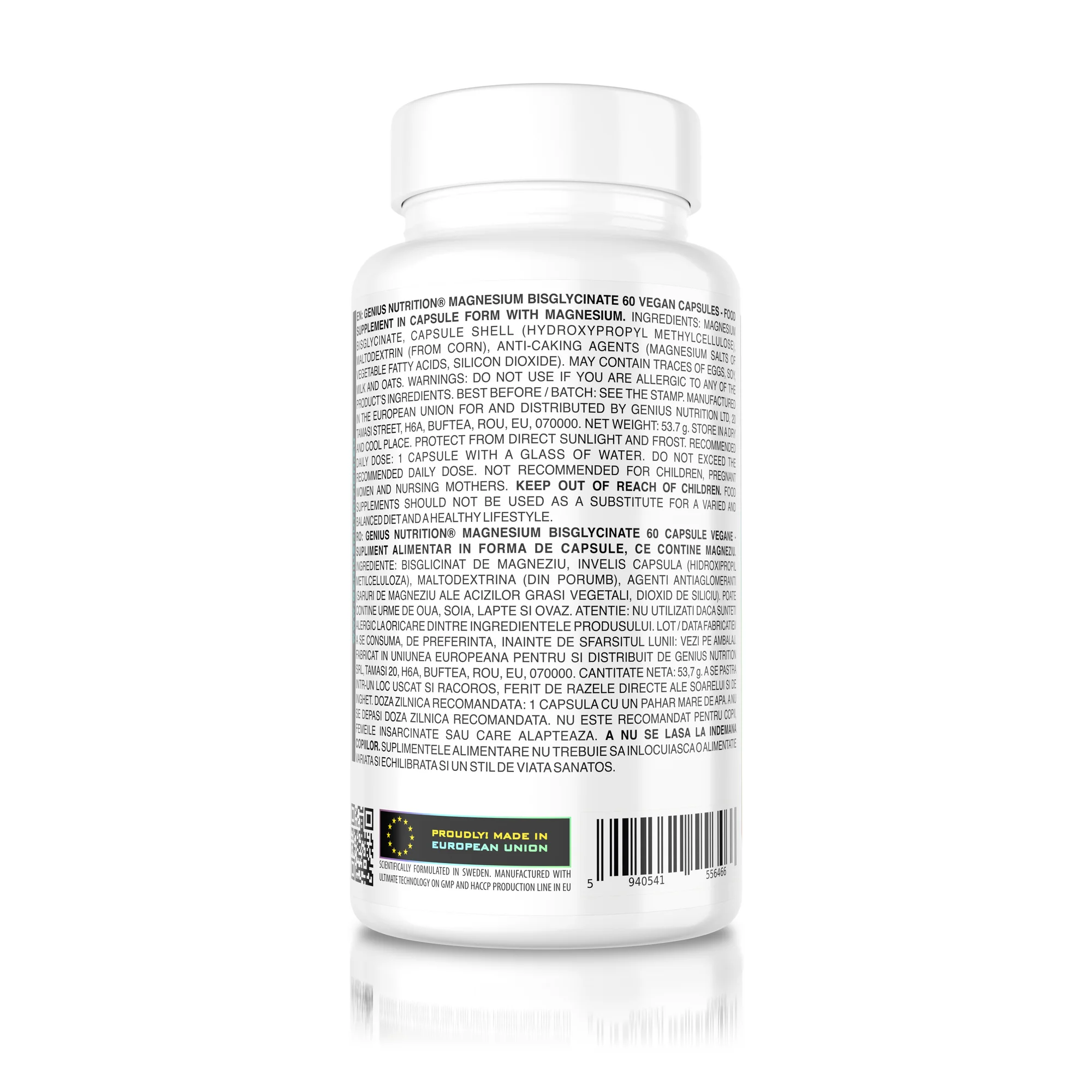 Magneziu bisglicinat, Genius Nutrition, High Purity Magnesium Bisglycinate, 60 de portii, 60 de capsule [1]