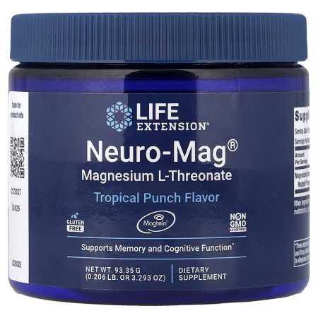 Magneziu - Magneziu treonat, Life Extension, Neuro-Mag Magnesium L-Threonate, Tropical Punch, 30 de portii , 93.35 grame, pudra